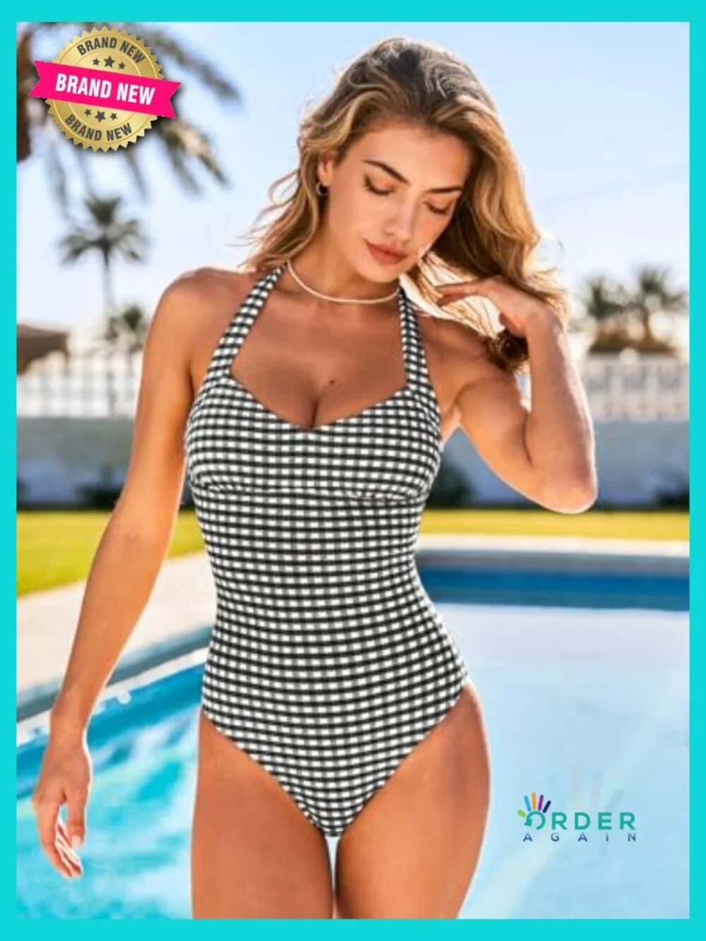 One Piece Swimsuit Halter Strap V Neck Backless Full Coverage Color Block